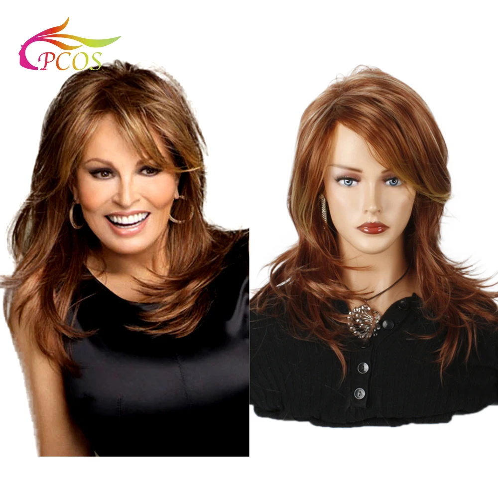 

Female 20"Long Layered Wave Red Brown Wig for Daily Synthetic Fiber Hair Full Wigs with Yellow Bangs for White Women