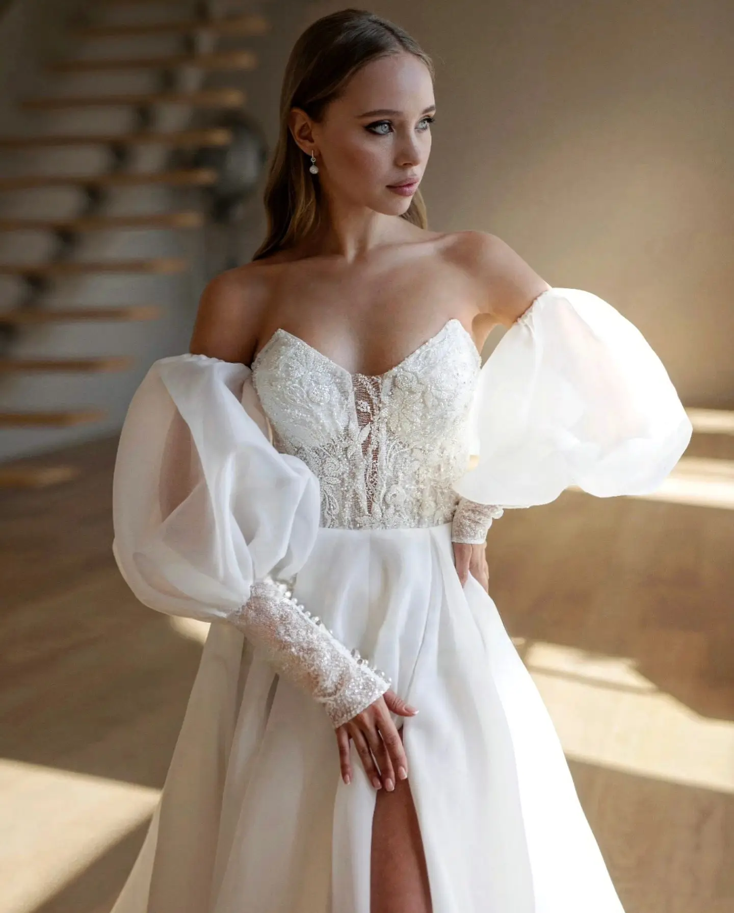 Detachable Long Puff Sleeves Sweetheart Lace Applique Bridal Grown Custom Made Formal Bridal Grown 2024 Vestido De Noival 3
