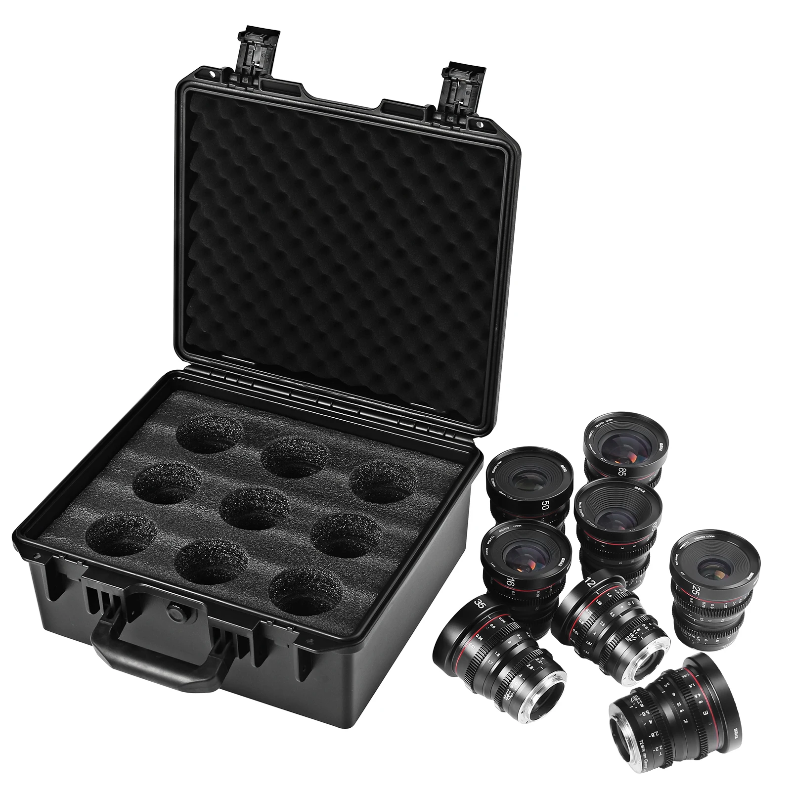 

Meike T2.2 Cine lens Kit ( Optional: Any 3 MFT Focal lengths: 8mm 10mm 12mm 16mm 25mm 35mm 50mm 65mm 85mm) with a Cine Lens Case