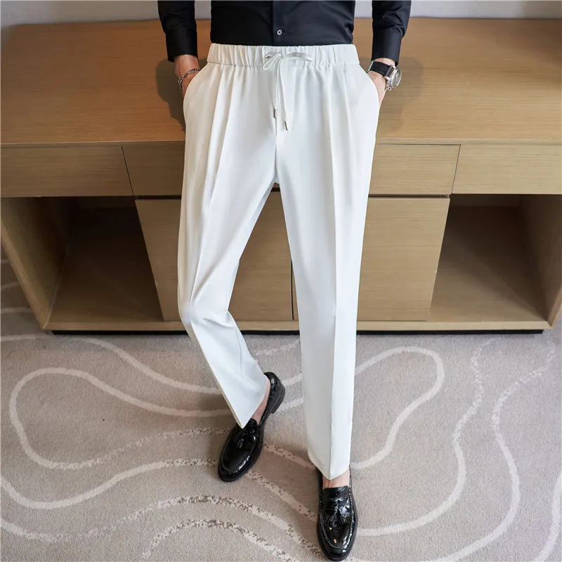 Men Elastic Waist Strap Trousers Autumn New British Style Solid Casual Dress Pants Slim Fit Formal Suit Pants Men Clothing
