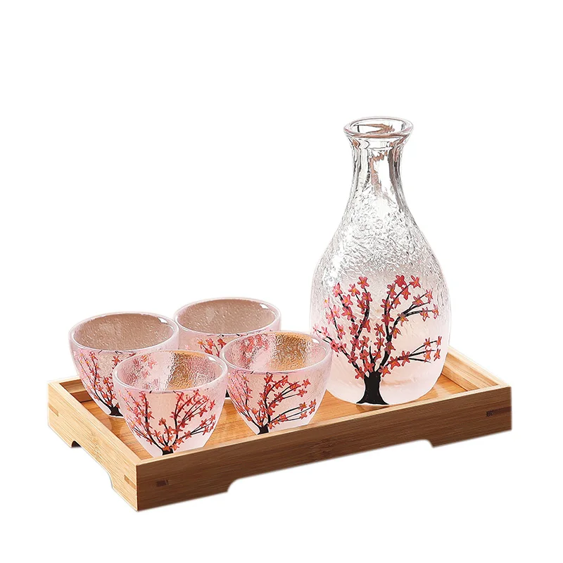 50ml Sakura Pattern Japanese Sake Sets Wine Bottle Cups Sets Japanese Bar Glass Drinkware Tea Set Cup Kungfu Tea Set Pot