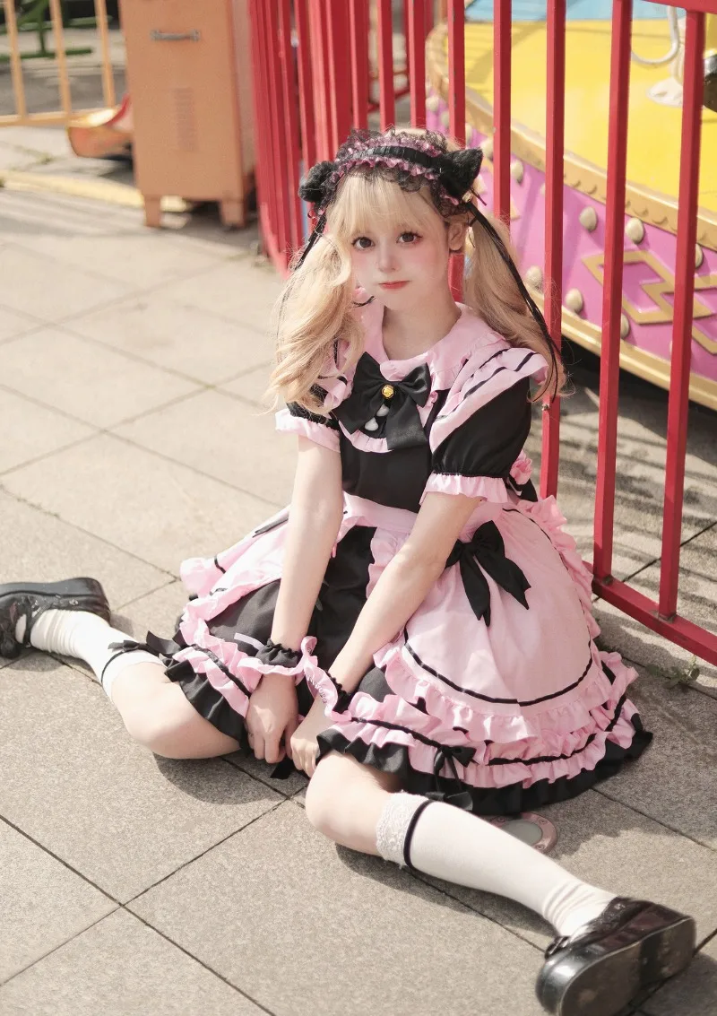 Anime Gothic Lolita JSK Kleid Kurzarm Kawaii Bow Maid Cosplay Harajuku Cute Pink Black 18