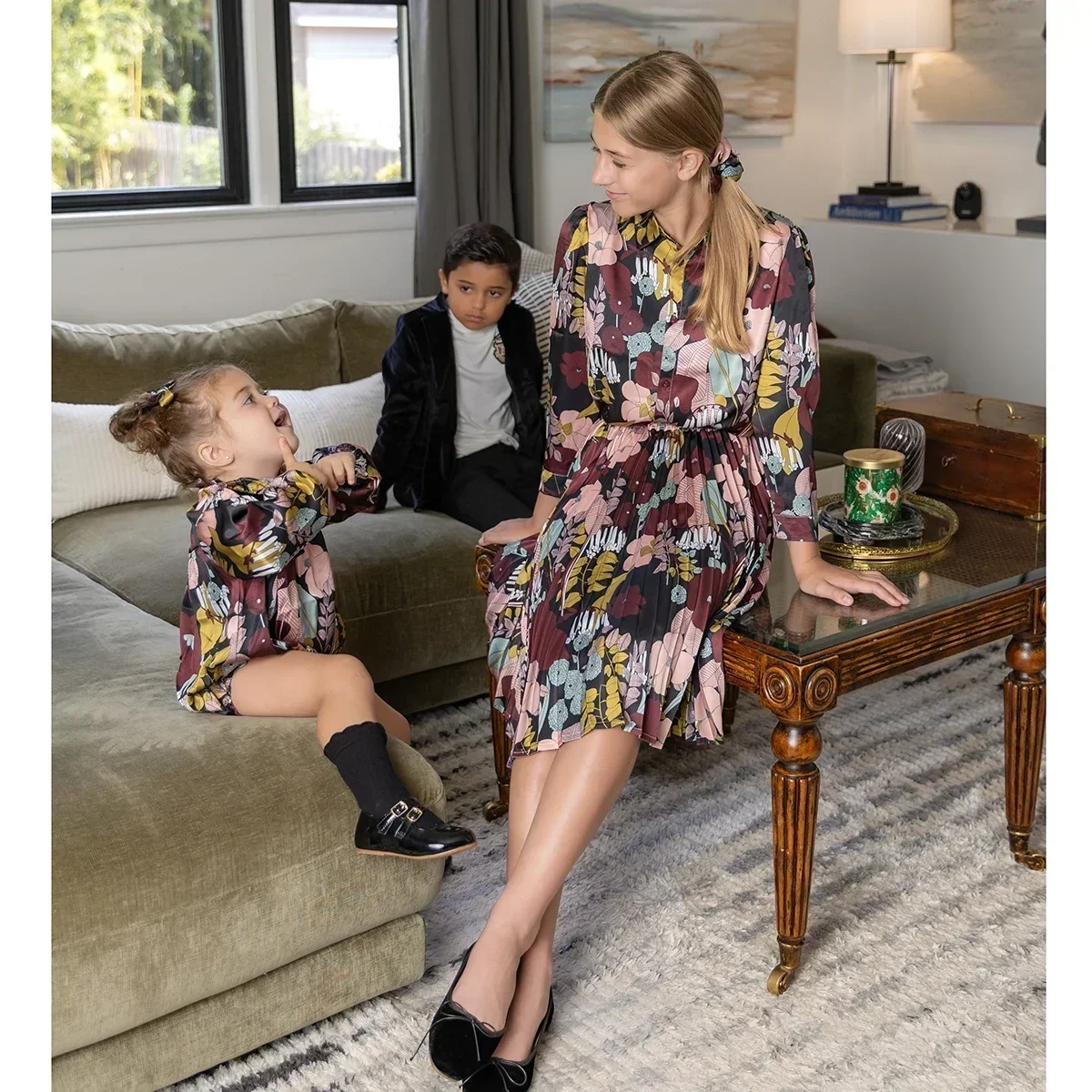 AP Merlot Collection 2025 Autumn Girls Red Flower Satin Dress Baby Romper New Pleated Clothing Set Boys Suit Overalls