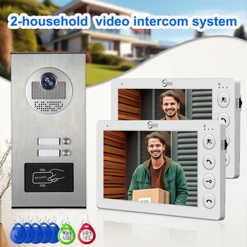2 Unit Multi Apartments Intercom Video Doorbell with RFID Card Unlock 7inch 4Wired Video Door Phone System 1