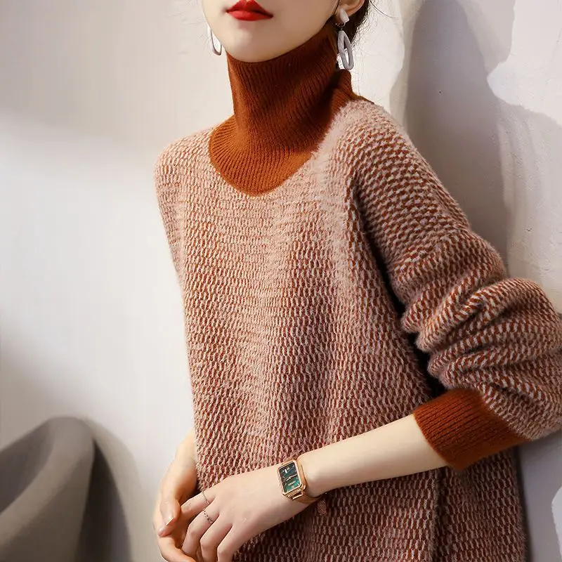 

Women's Clothing Commute Vintage Turtleneck Jumpers Autumn Winter New Stylish All-match Patchwork Long Sleeve Knitted Sweaters