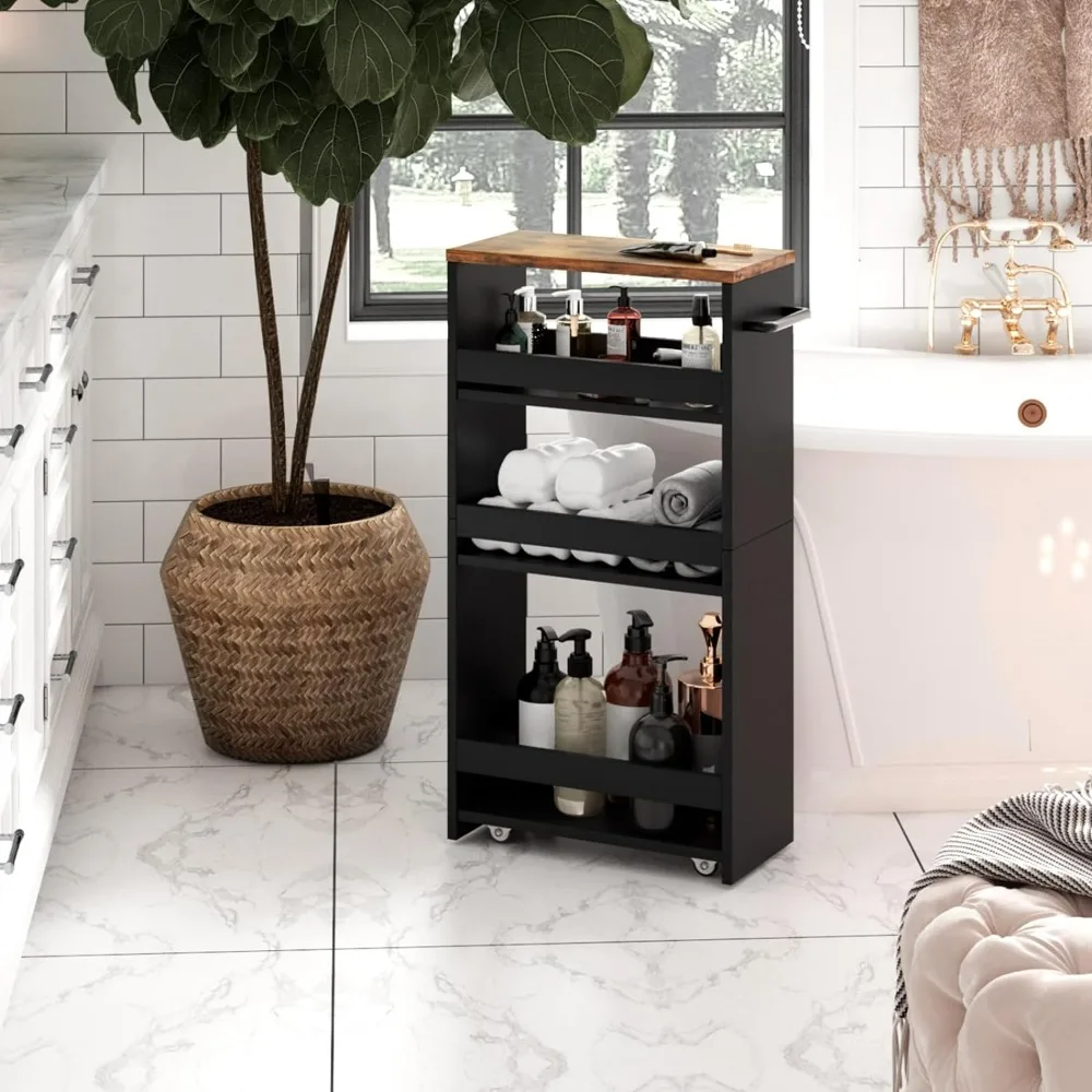 

4 Tier Slim Storage Cart with Handle, Slide Out Storage Rolling Utility Cart Mobile Shelving Unit Organizer Trolley for Spaces