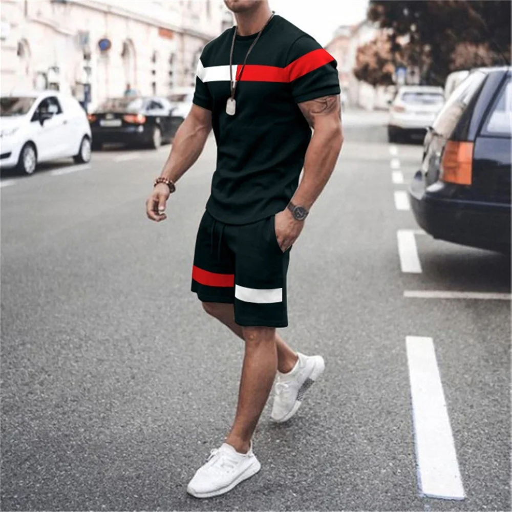 2022 New Summer Men's Suit Casual Beach Shorts Suit Sea View 3D Printing Short Suit Ordinary O-neck T-shirt 2-piece Set Oversize