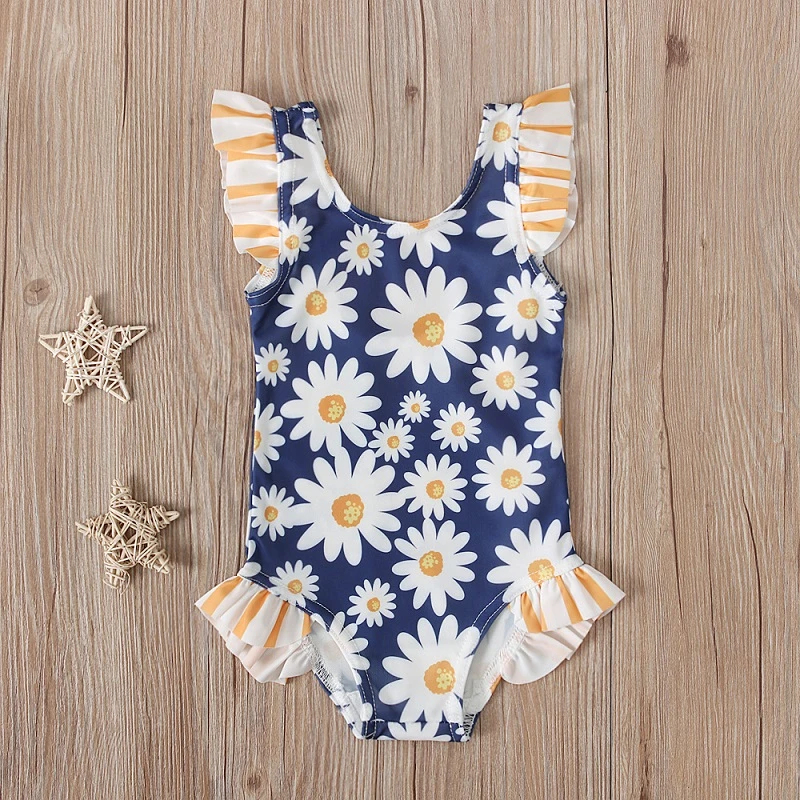 Toddler Girls Swimsuit For Kids 1 4 Year Daisy Pattern Flying Sleeve