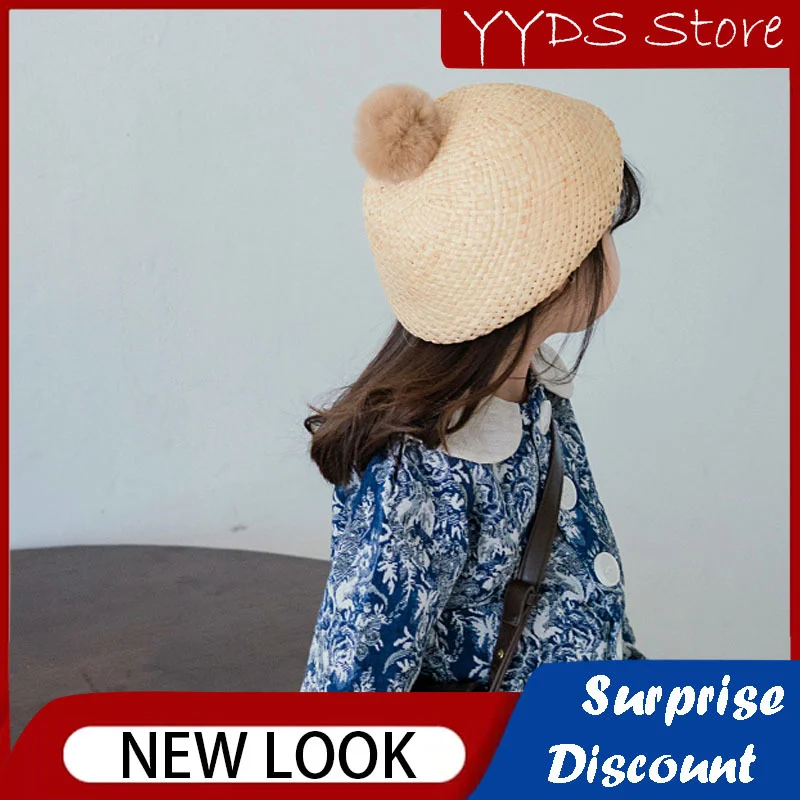 Ins Straw Sun Hat Beach Sunscreen Straw Hat Niche Design Raffia Hair Ball Beret Children Cute Hair Ball Mushroom Straw Hat girls children women s summer rattan round bag small straw beach bag sling outdoor shoulder school bolsas for phone a075