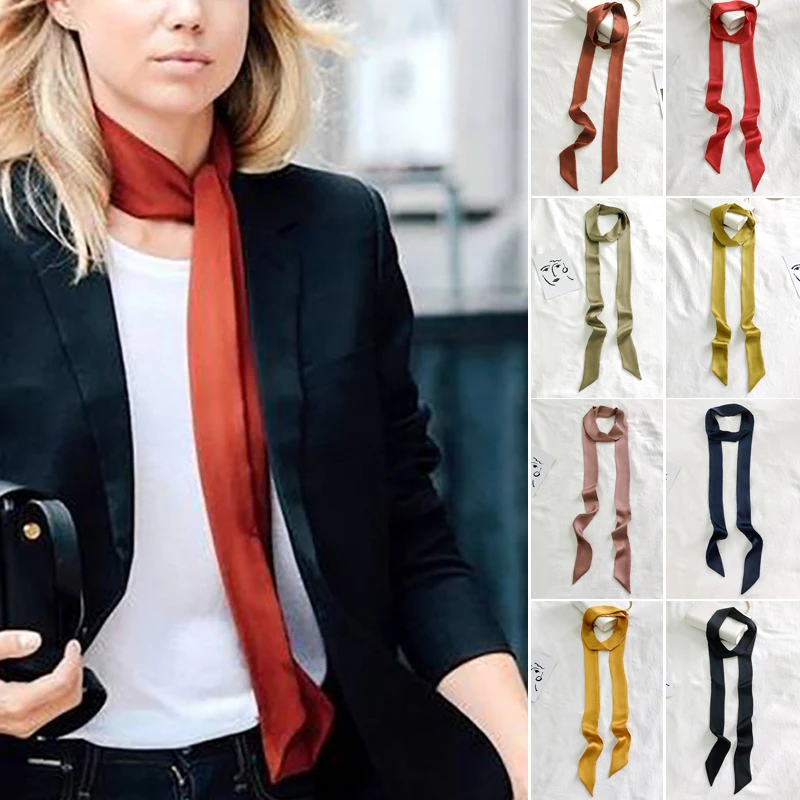

Long Silk Skinny Scarf Women Neck Hair Band Solid Printed Foulard Neckerchief Hairscarf Female Fashion Handle Ties Ribbon