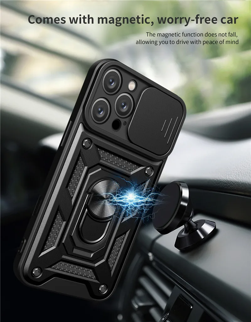 Military Grade Bumper Armor Case with Ring Cover and Slide Lens Protector