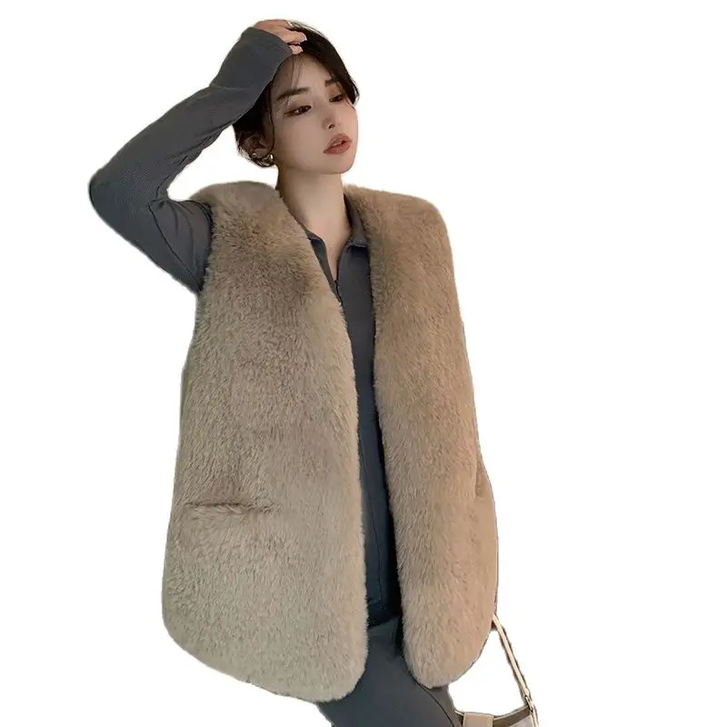 Winter Faux Fur Coat Sleeveless Thick Warm Long Straight Cut Fashion Young Lady Hot Sell Vest Coats