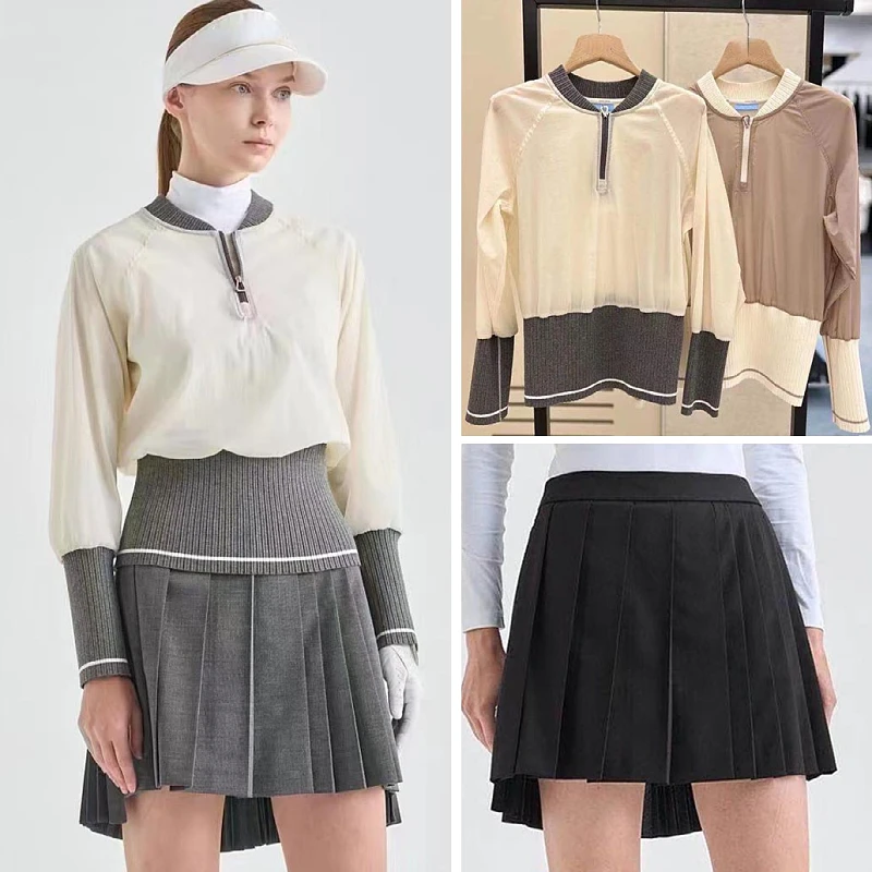 

Korean Golf Women's 23 Autumn/Winter Standing Neck Half Zip Panel Long Sleeve Coat Slim Fit Pleated Skirt