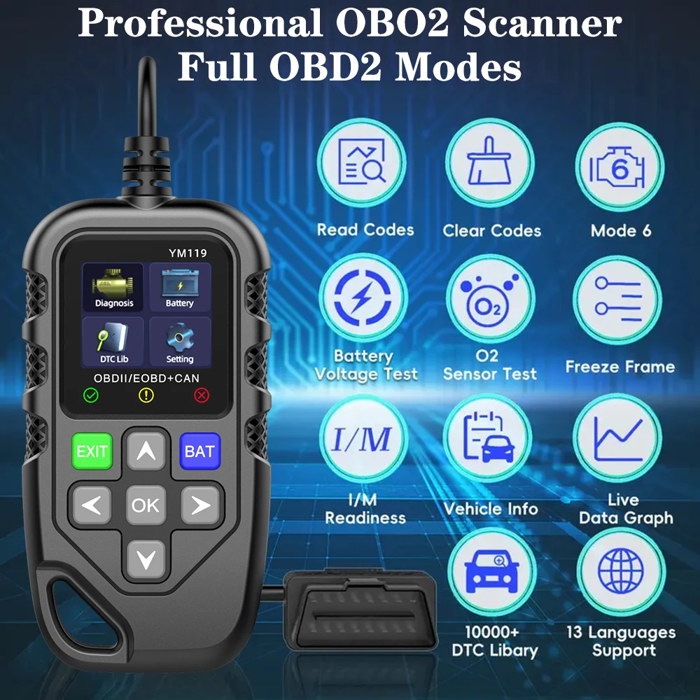 OBD2 Code Reader YM119 Work for all cars Read Vehicle Information OBDII Scanner Car Auto Diagnostic Tool Multi-language 5