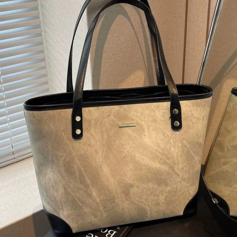 Korean Style Beige Studded Tote Bag Women Textured Patchwork Large Capacity Shoulder Bag Ladies Casual Commuter Underarm Bag New