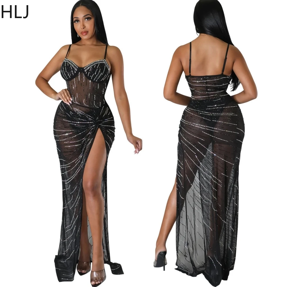 

HLJ Black Sexy Mesh Perspective Rhinestone Evening Party Suspended Dress Women Thin Strap Higt Slit Floor Dress Vestidos Clothes