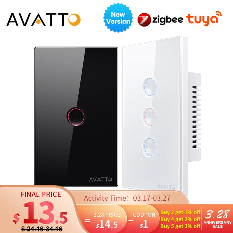 Avatto-tuya Zigbee Toque Interruptor Inteligente Botão Ranhurado Interruptor de Luz Controle Remoto sem Fio Funciona com Alexagoogle Home Gang Gang Gang Gang