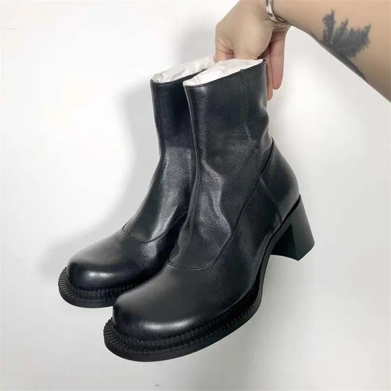 

Retro Black Women Ankle Boots Fashion Big Round Toe Chunky High Heel Botas Mujer Autumn Short Booties Knight Shoes Woman