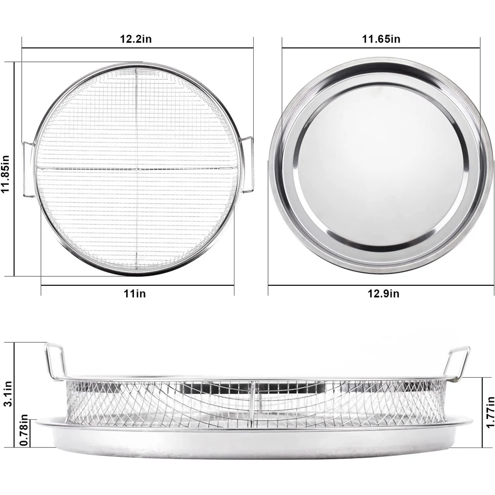 2 Pieces Stainless Steel Crisper Tray and Basket, 13 x 9.6 x 3.1 Oven  Air Fryer Pan Mesh Basket Set，Non-Stick Crisper Oven Tray for Baking and