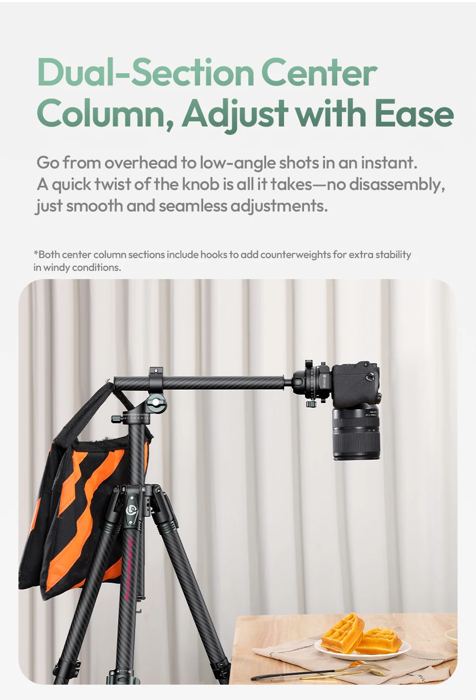 GlideGo Travel Tripod Carbon Fiber Tripod with Dual-Section Center Column for Lo