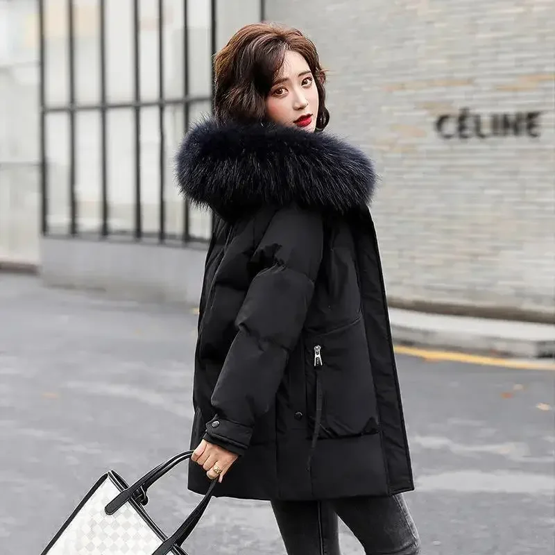 Women 2024 Down Jacket Women Winter New Hooded Fur Collar Mid-length Thick Winter Waist Korean Version Loose Coat