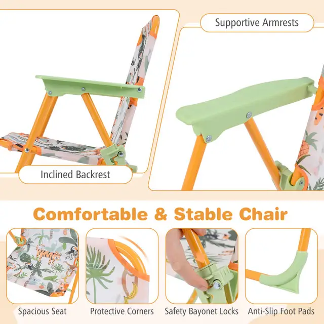 Kids Outdoor Table and Chair Set with 2 Folding Chairs and Height Adjustable Umbrella-Yellow