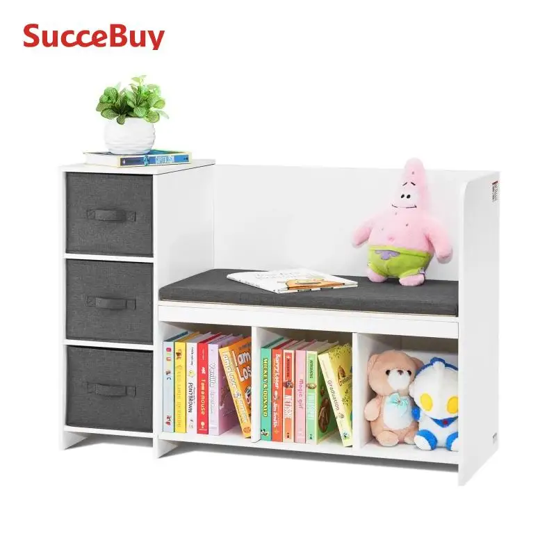 SucceBuy Kids Reading Bookcase Nook Bench 6-Cubby Storage Organizer w/ 3 Drawers for Playroom Bedroom Living Room or Entryway