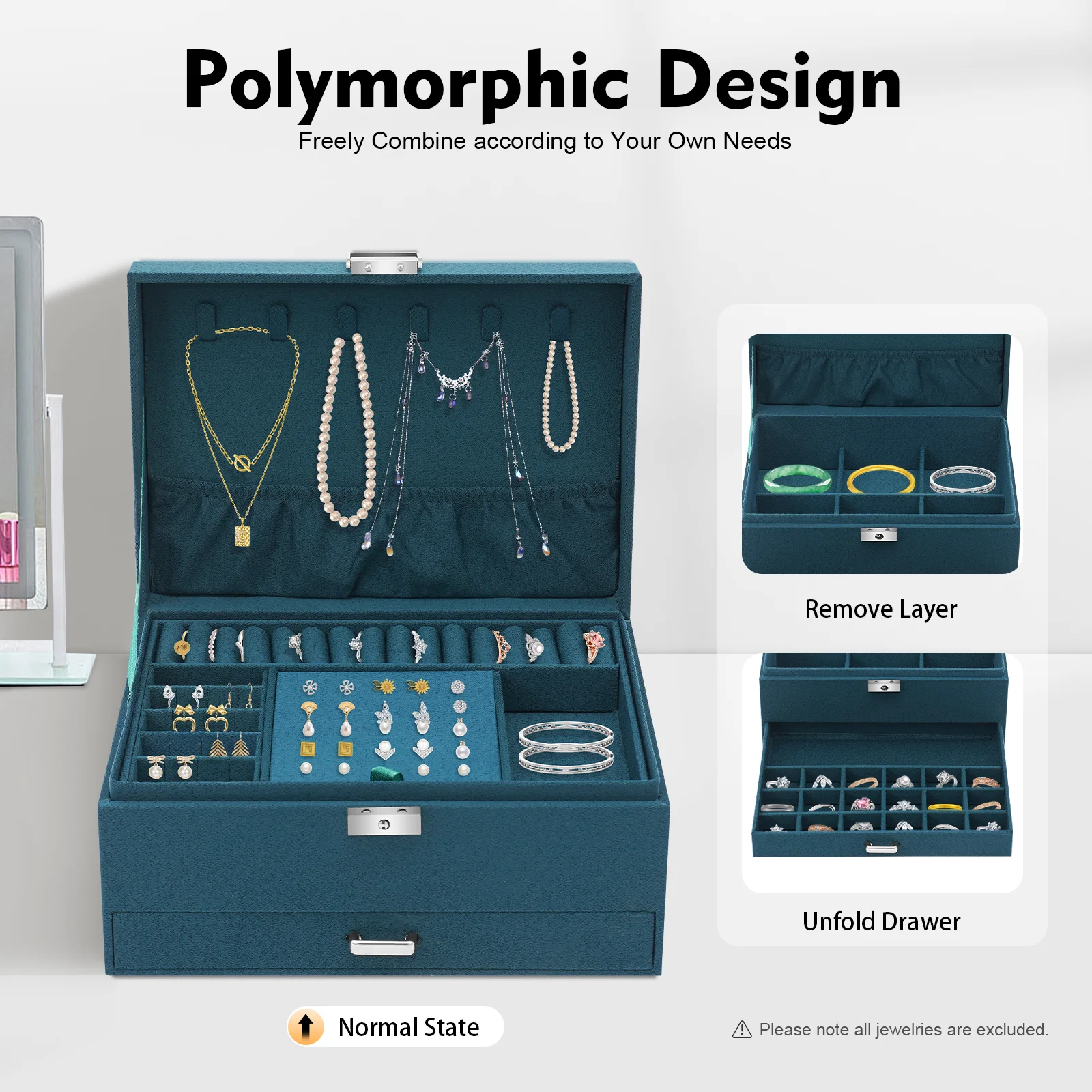 Jewelry Box 3 Tiers Dark Green Suede Fabric Metal Rectangular Table Top with Partitions Drawers for Jewelry