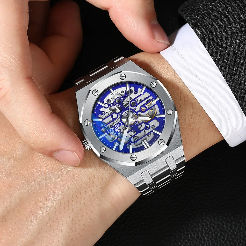 Big Dial Fashion Casual Men Mechanical Watches Automatic Stainless Steel Top Brand Push Button Clasp Sport Dress Wristwatch
