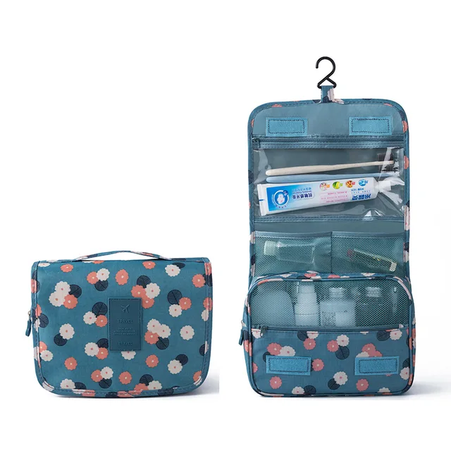 Nylon Hook Up Cosmetic Bag Women Travel Toiletries Storage Bag High Quality Waterproof Makeup Pouch Ladies Make-up Beauty Bag Blue flowers