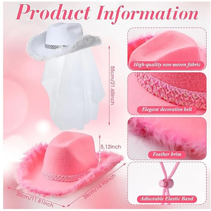 Bachelorettes Party Hat Set for Bridal Shower Women Cowgirl Hat Wedding Accessories Furry Brim Nightclub Headwear cowgirl hats