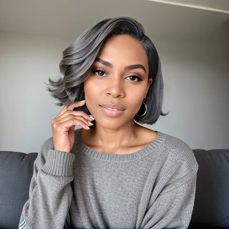 Melodie Salt And Pepper Short Pixie C Part Cut 5X5 Closure Brazilian Remy Hair Wig Human Hair