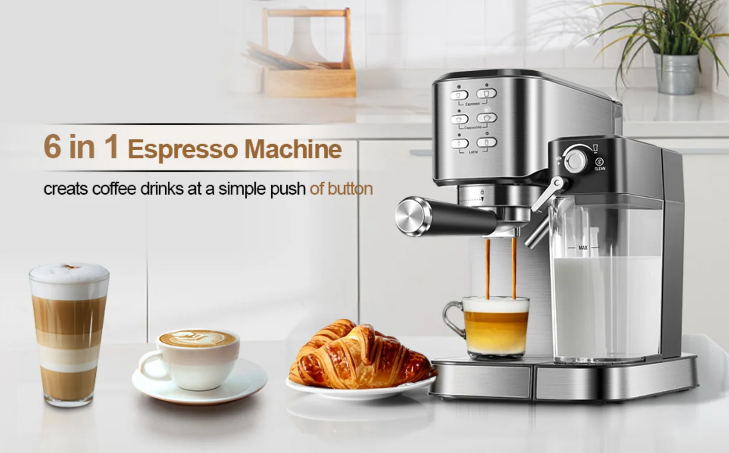 6-in-1 Espresso Coffee Machine Built-In Automatic Milk Frother,  Espresso & Cappuccino & Latte Maker with  Removable water tank 5
