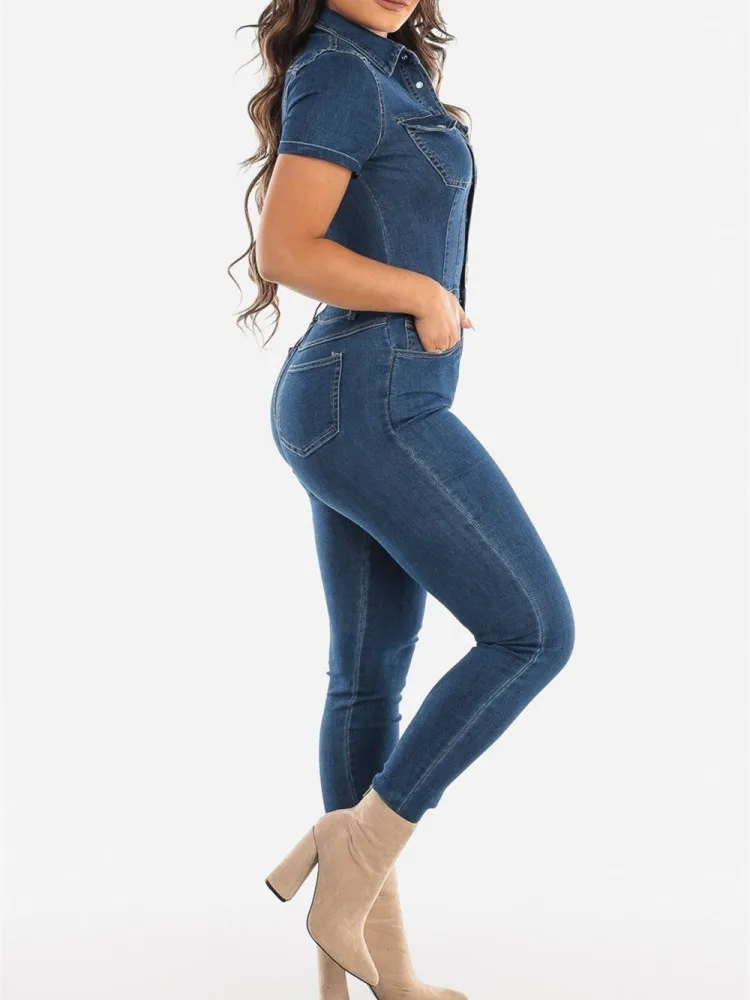 JRRY Sexy Women Denim Jumpsuits Short Sleeve Turn Down Collars Buttons Pockets Denim Bodysuit