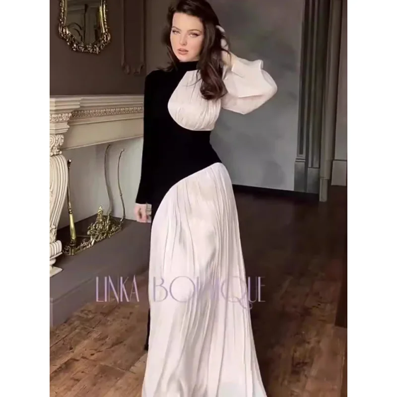 

2024Spring NEW round Neck Color Matching Long Sleeve Slim Fit Belt Retro Dress