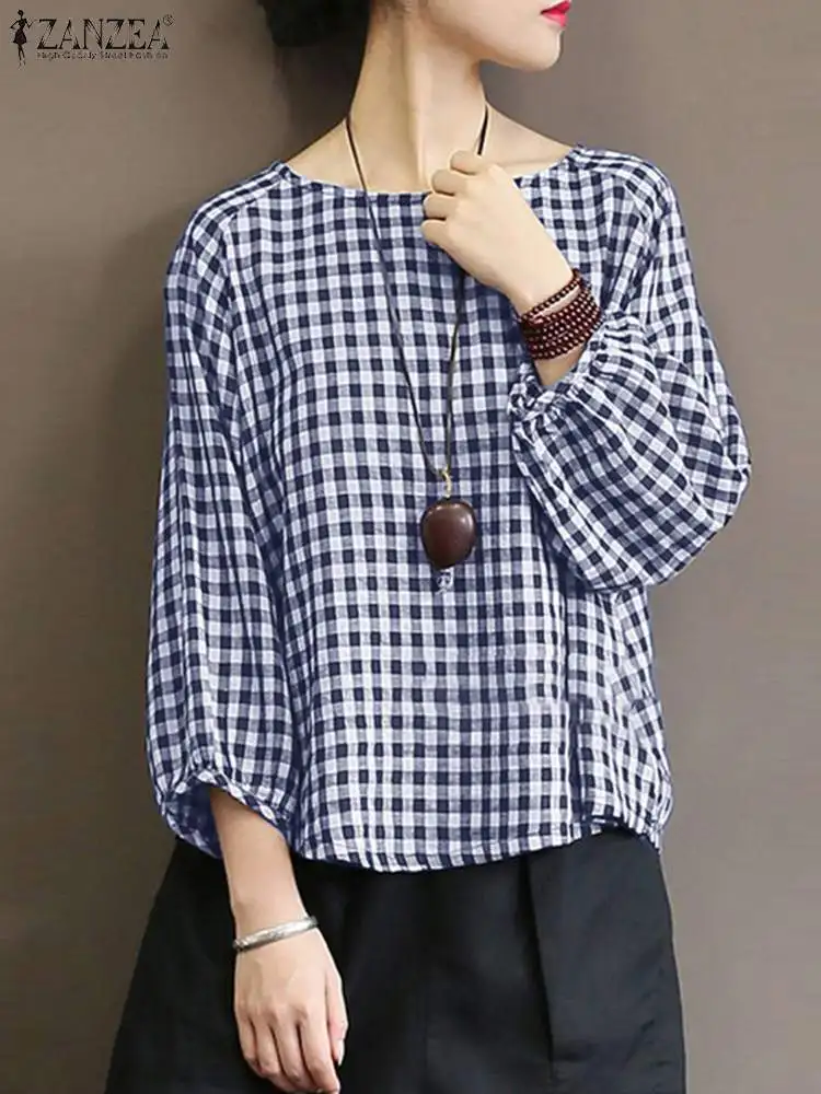 

ZANZEA Fashion Women Plaid Checked Blouse Summer O Neck 3/4 Sleeve Shirt Grid OL Blusas Casual Vintage Holiday Tops Mujer Femme
