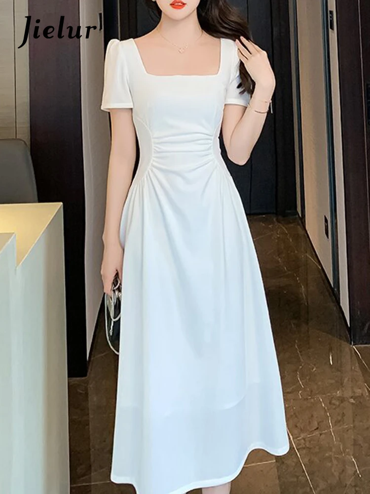 

Jielur White Square Neck Dress Women's New French Fashion Elegant Lady Dresses Black Short Sleeved High Waisted A-line Dress