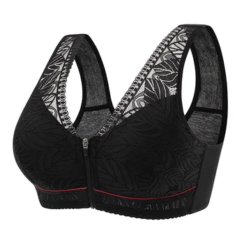 Front zipper Soft cotton cups Bra breathable women wireless underwear  lace strap tank leaves top plus size bra 1