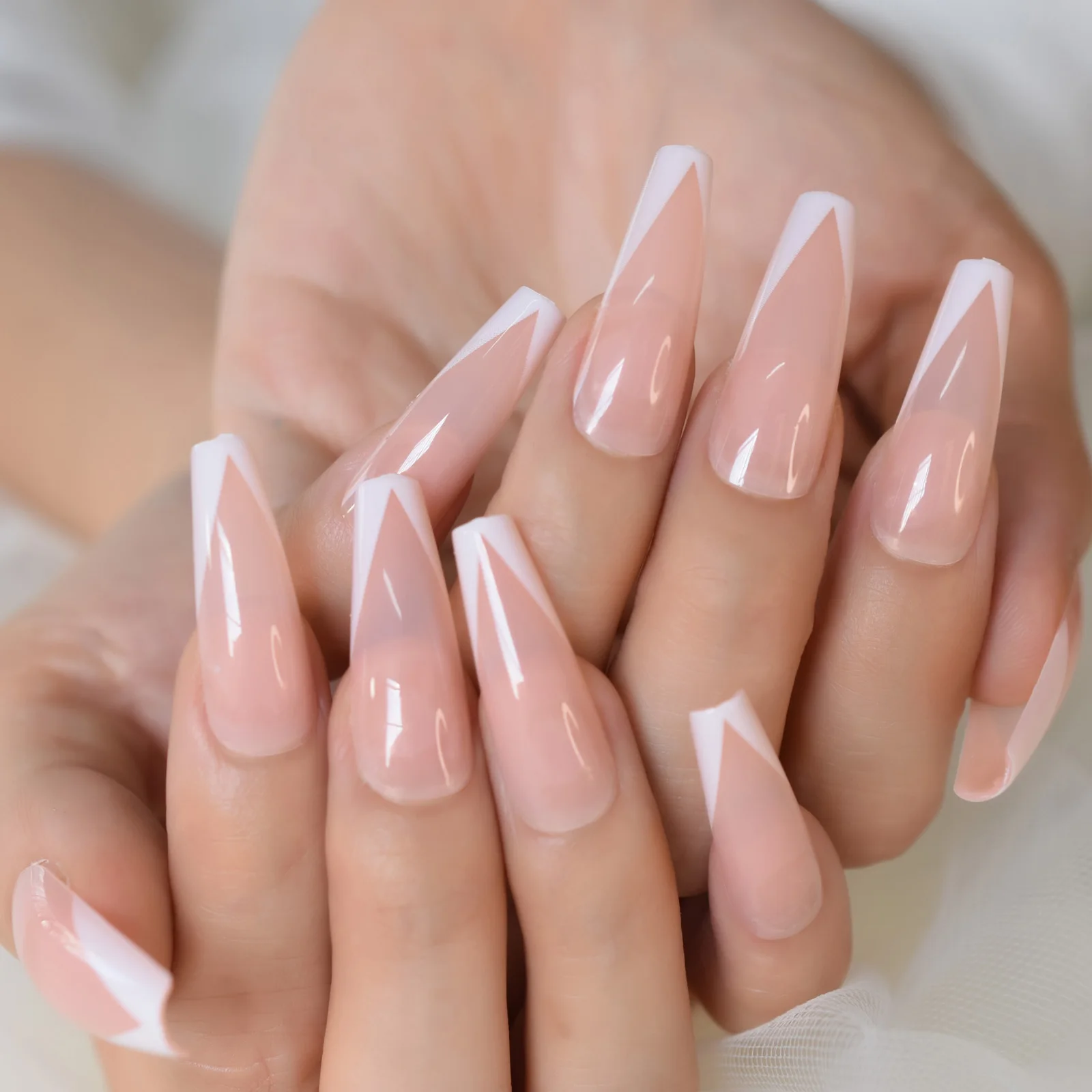 24pcs V-Shaped French Press On Nails - Long Coffin Acrylic Gel Manicure