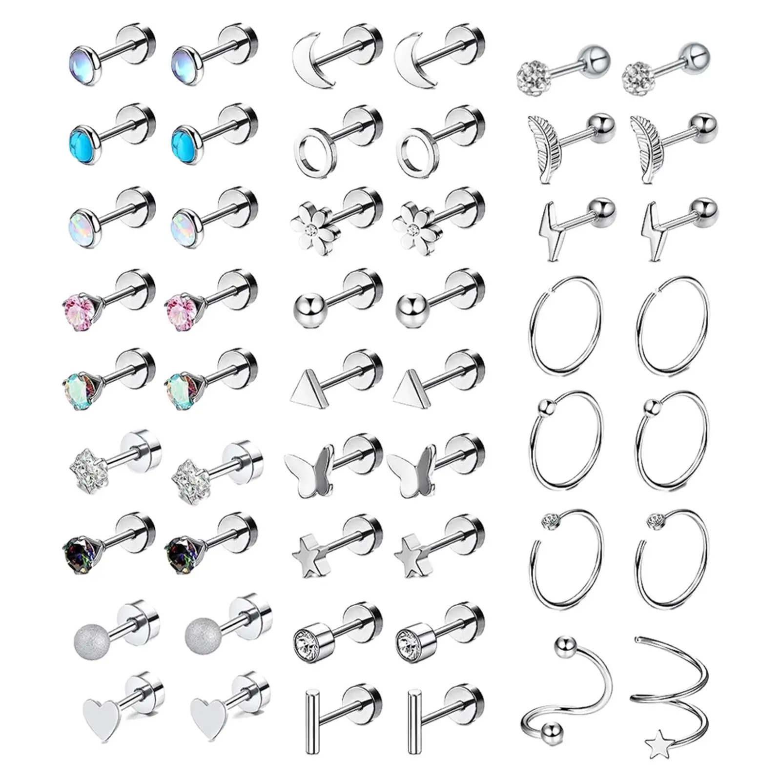 Stud Earrings Set Ear Bone Earrings Nose Rings Lip Piercing Jewelry Stainless Steel for Women Grils Ear Studs Cartilage Earrings