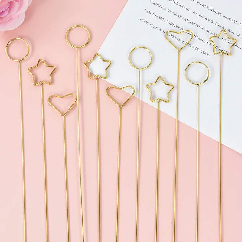 10pcs Gold Card Holder Stick Star Heart Flower Bouquet Cake Card Stick Clips Wrapping Supplies Wedding Birthday Party DIY Decor