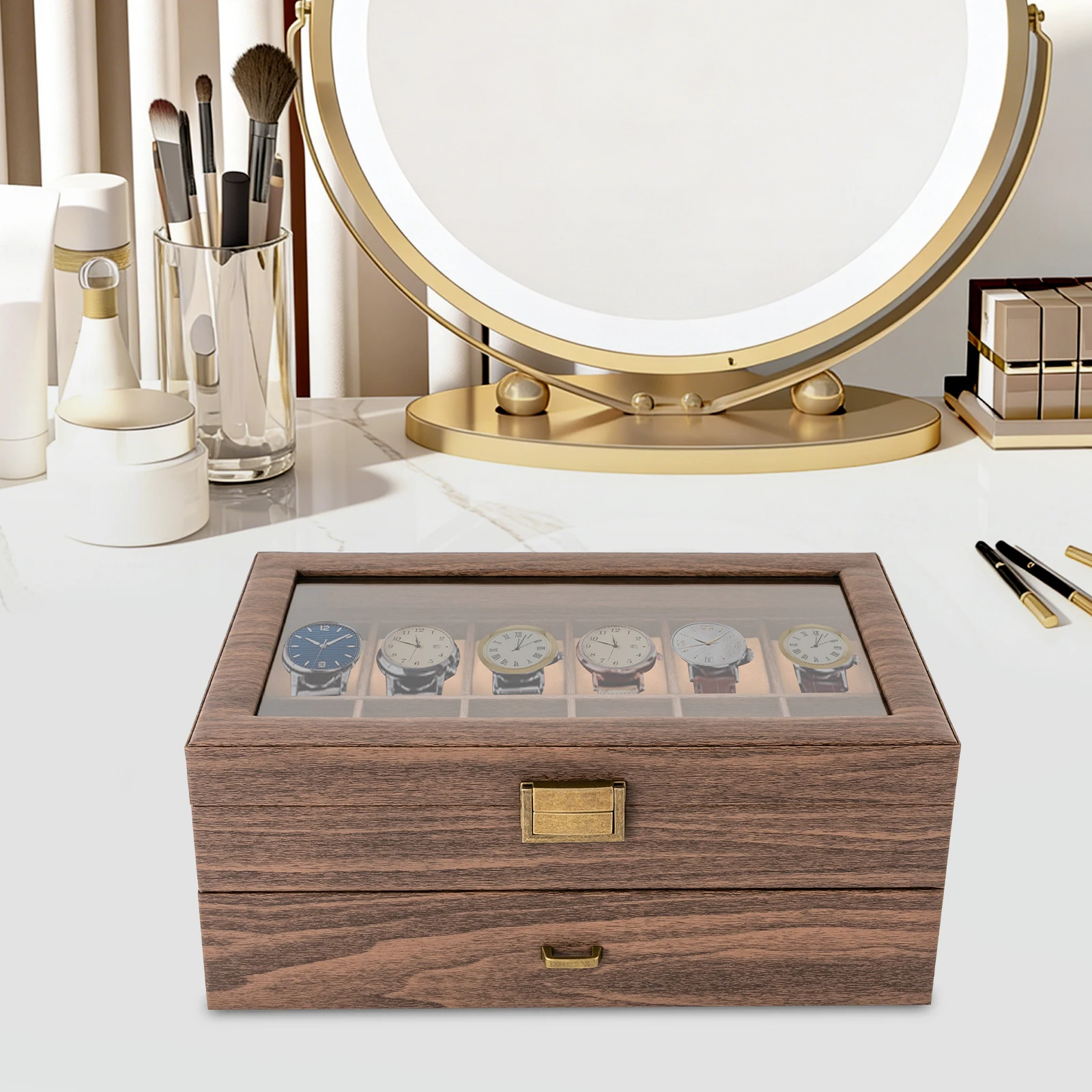 2 Layers 24-Slot Wood Grain Watch Case, Tabletop Watch Storage Box, Jewelry Display Case with Glass Top for Home, Stores