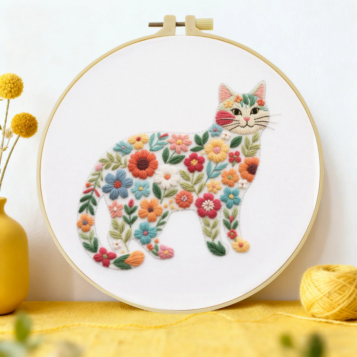 1 Stück 20X20CM/15X15CM 7,87/6,3 Zoll Ein aus Blumen bestehendes Katzen-Bild Stickerei-Starter-Kit DIY-Kit DIY-Stickerei-Kit Handarbeiten