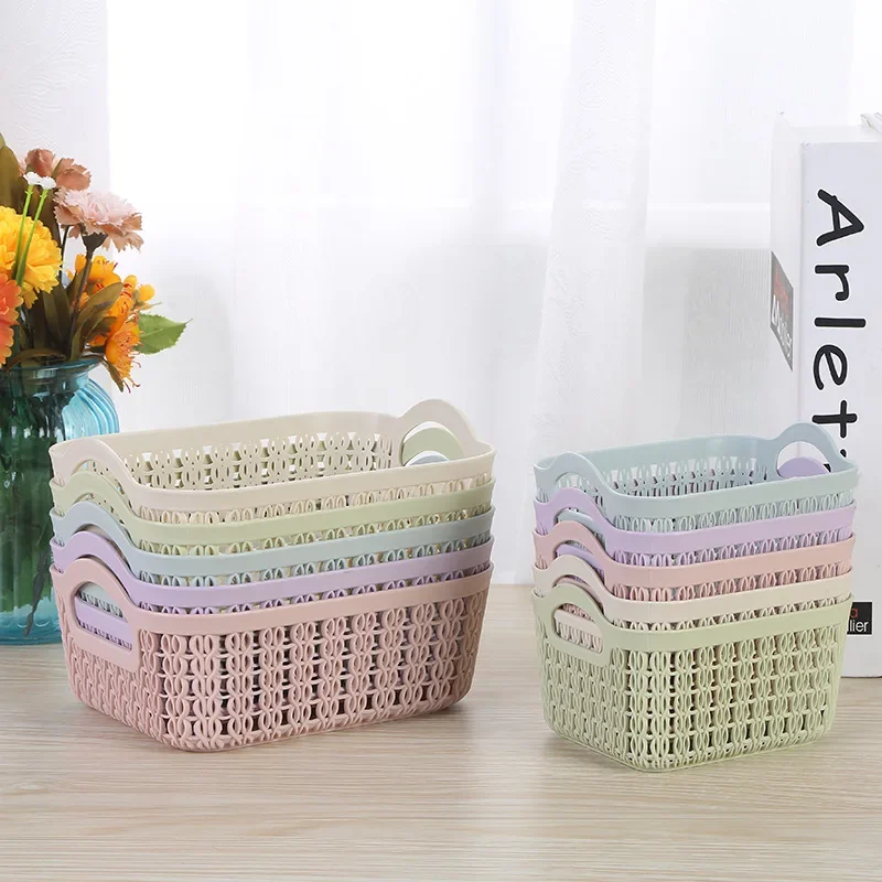 1pc Storage Basket Hollow Portable Sundries Carved Out Rattan Plastic Organizer Container Kitchen Home Office