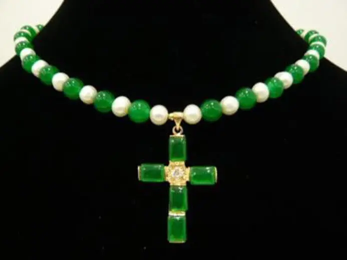 

7-8mm Genuine White Pearl Green Jade Beads Cross Pendant 18KGP Clasp Necklace