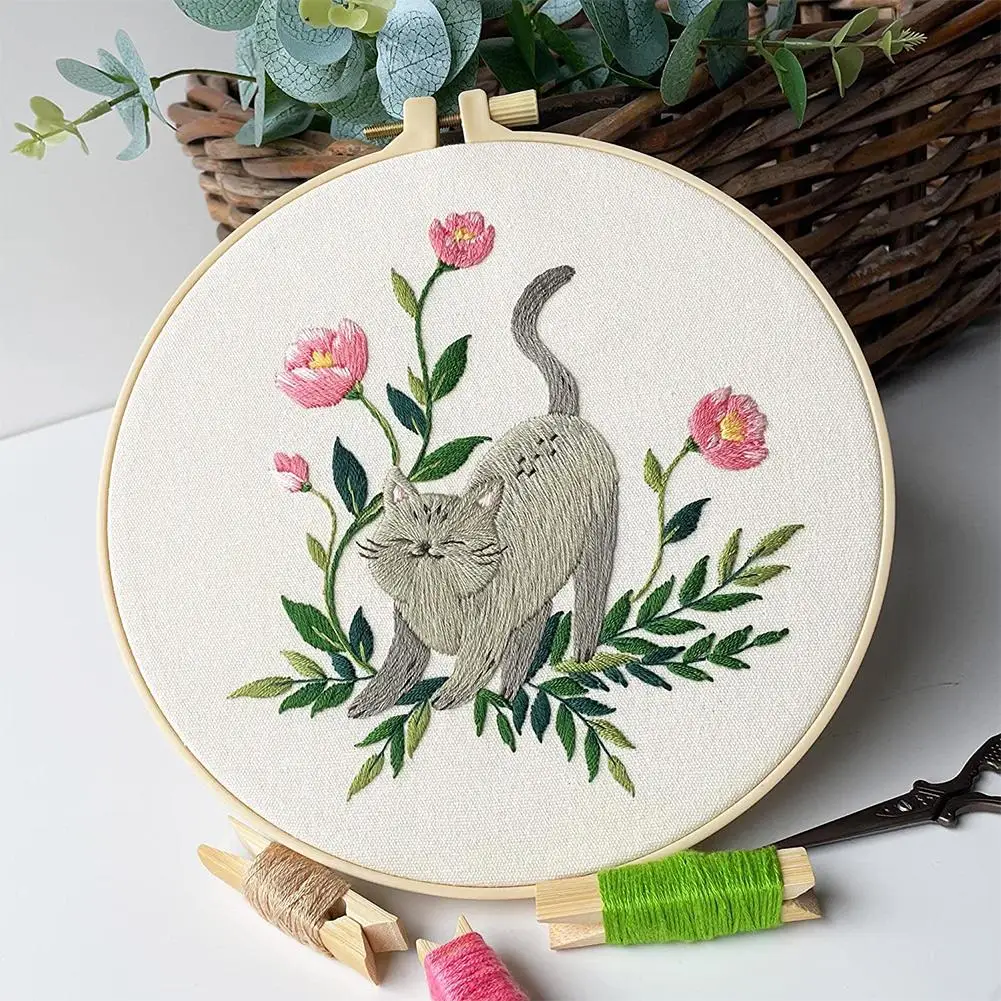 Diy Cat Embroidery Starter Kit Embroidery Hoops Threads Needles Cross Stitch Kits Beginners