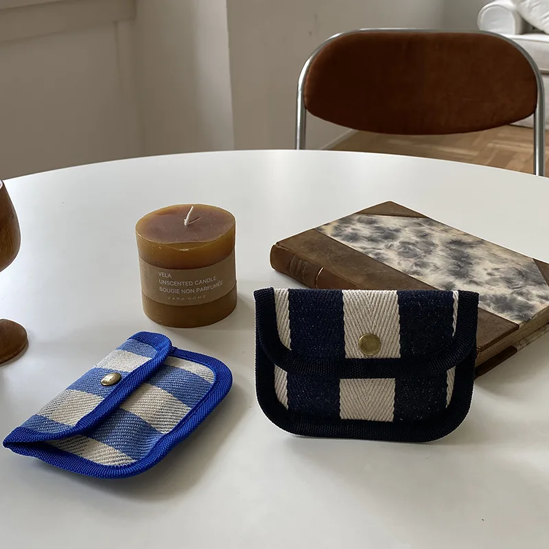 Canvas Hasp Credit Card Holder Wallet Women Men Small Striped Plaid Coin Bags Headphone Key Id Credit Card Cover Storage Bags