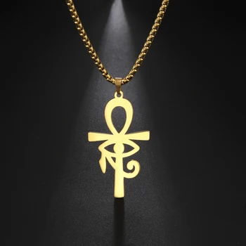 Fashion Egyptian Cross Eye of Horus Pendant Necklace for Men Women Stainless Steel Gold Color Box Chain Necklace Jewelry Gift