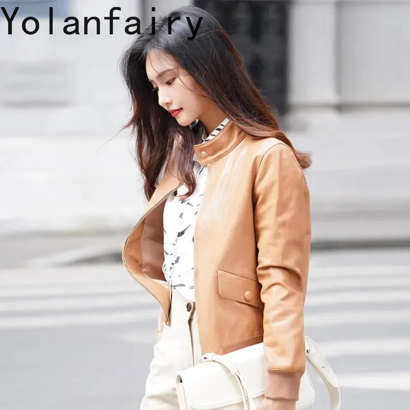 

Real Leather Jacket Women Short Leather Jackets Korean Slim Genuine Sheepskin Leather Coat Standing Collar Veste Cuir Femme SGG