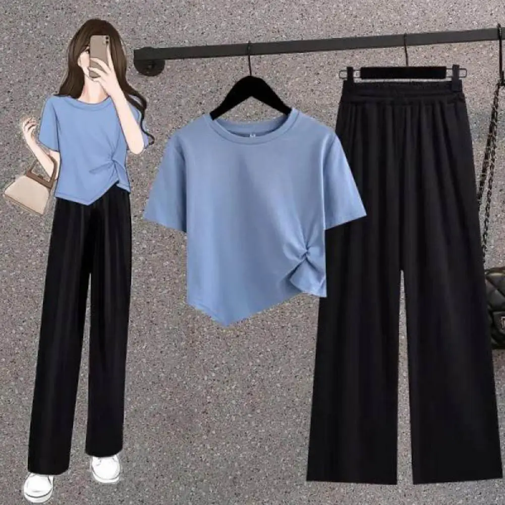 

2 Pcs/Set Women T-shirt Pants Set Casual Knot Decor Irregular Hem Sportwear Wide Leg Young Style Lady Tracksuit Female Clothes
